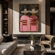 White Hats Cross Charcoal - pink striped figure pair painting by Elliot Vale, modern figurative vertical wall art - styled room scene view 1
