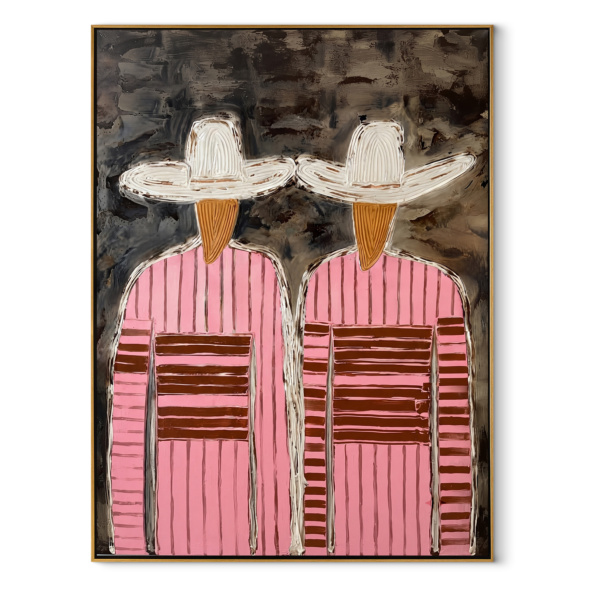 White Hats Cross Charcoal - pink striped figure pair painting by Elliot Vale, modern figurative vertical wall art - wood frame on white background