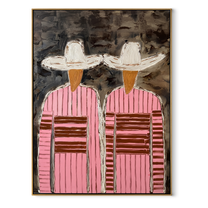 White Hats Cross Charcoal - pink striped figure pair painting by Elliot Vale, modern figurative vertical wall art - wood frame on white background