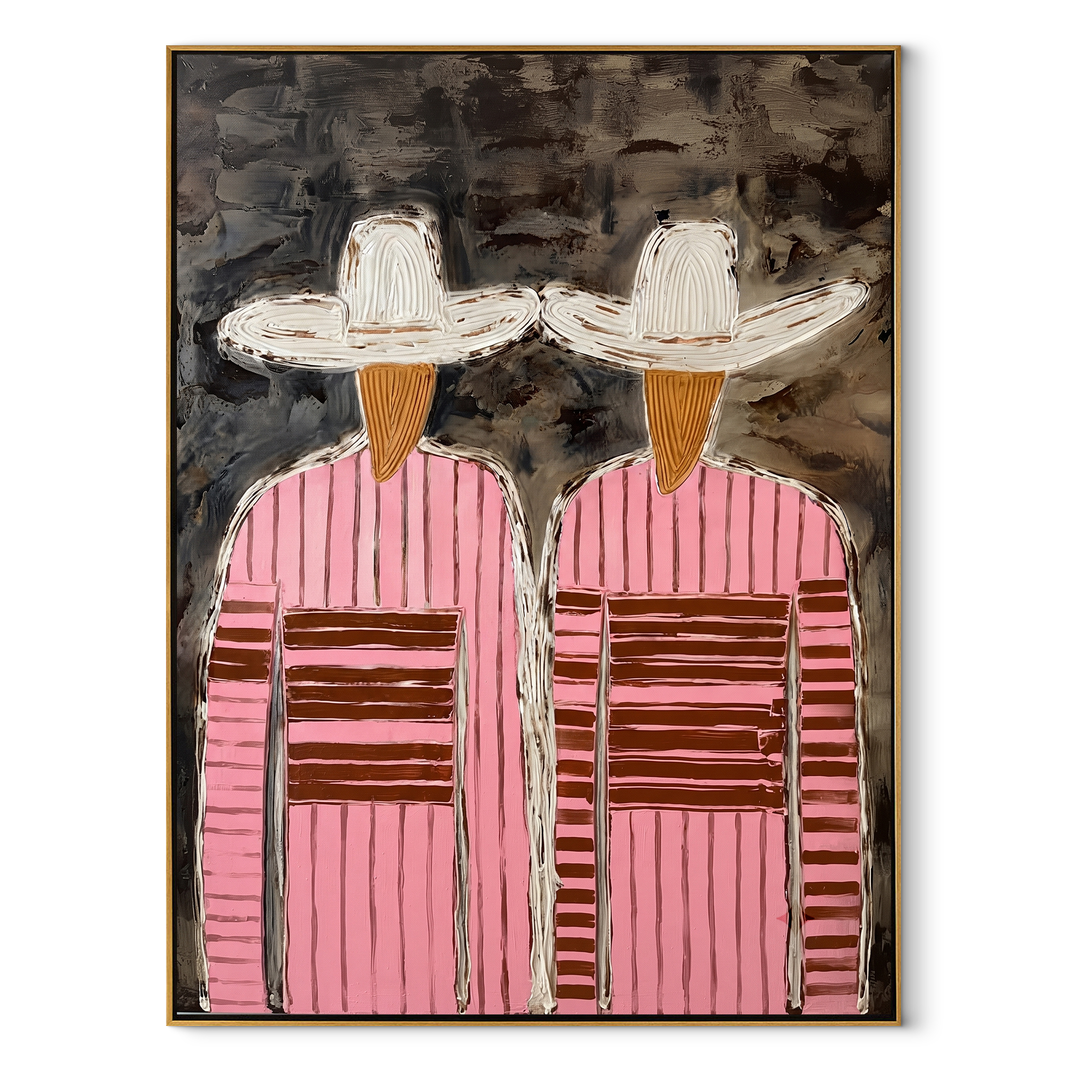 White Hats Cross Charcoal - pink striped figure pair painting by Elliot Vale, modern figurative vertical wall art - wood frame on white background