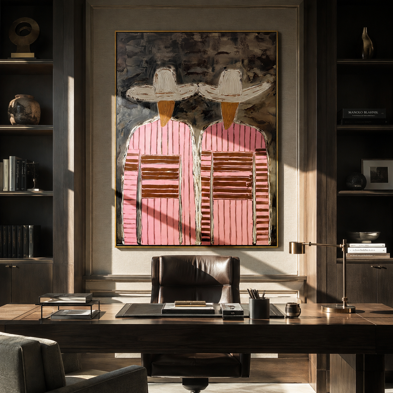 White Hats Cross Charcoal - pink striped figure pair painting by Elliot Vale, modern figurative vertical wall art - styled room scene view 2