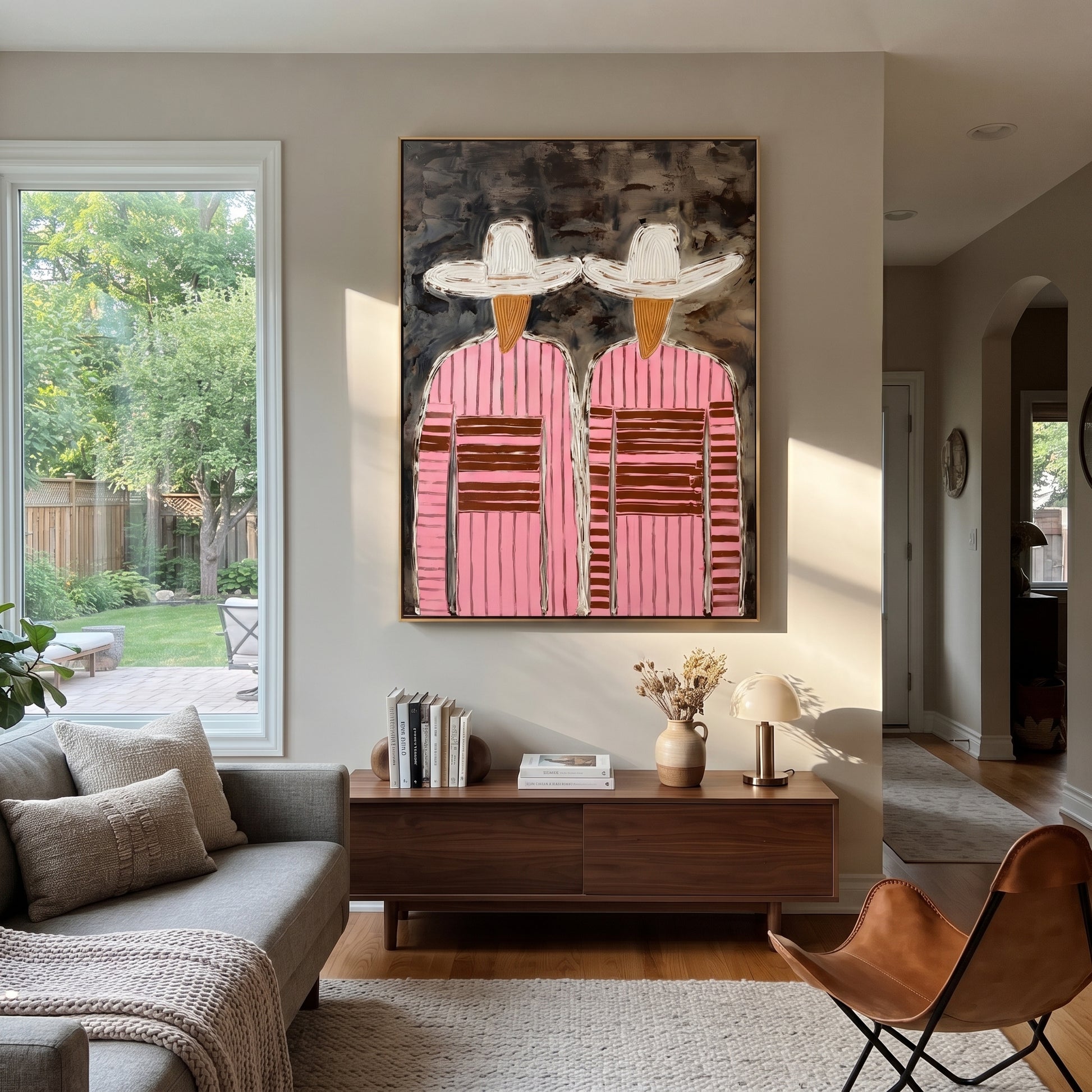 White Hats Cross Charcoal - pink striped figure pair painting by Elliot Vale, modern figurative vertical wall art - styled room scene view 3