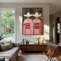 White Hats Cross Charcoal - pink striped figure pair painting by Elliot Vale, modern figurative vertical wall art - styled room scene view 3