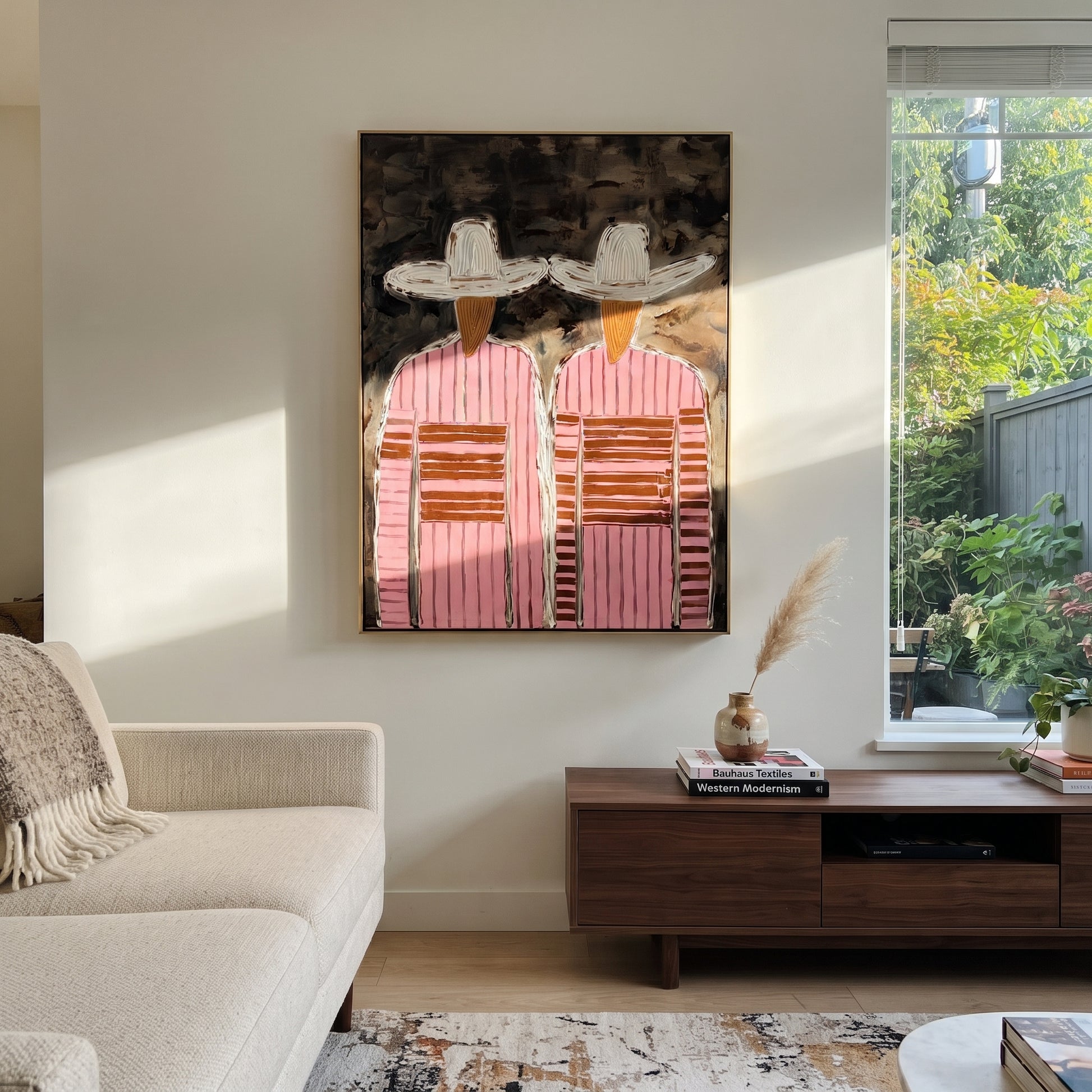 White Hats Cross Charcoal - pink striped figure pair painting by Elliot Vale, modern figurative vertical wall art - styled room scene view 4