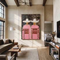 White Hats Cross Charcoal - pink striped figure pair painting by Elliot Vale, modern figurative vertical wall art - styled room scene view 5