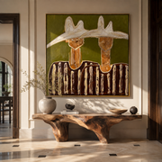 Twin Peaks Crown Stripes - sculptural hat figure pair painting by Elliot Vale, modern figurative square wall art - styled room scene view 1