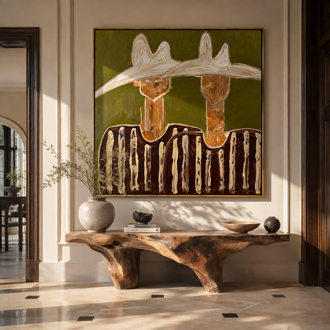 Twin Peaks Crown Stripes - sculptural hat figure pair painting by Elliot Vale, modern figurative square wall art - styled room scene view 1