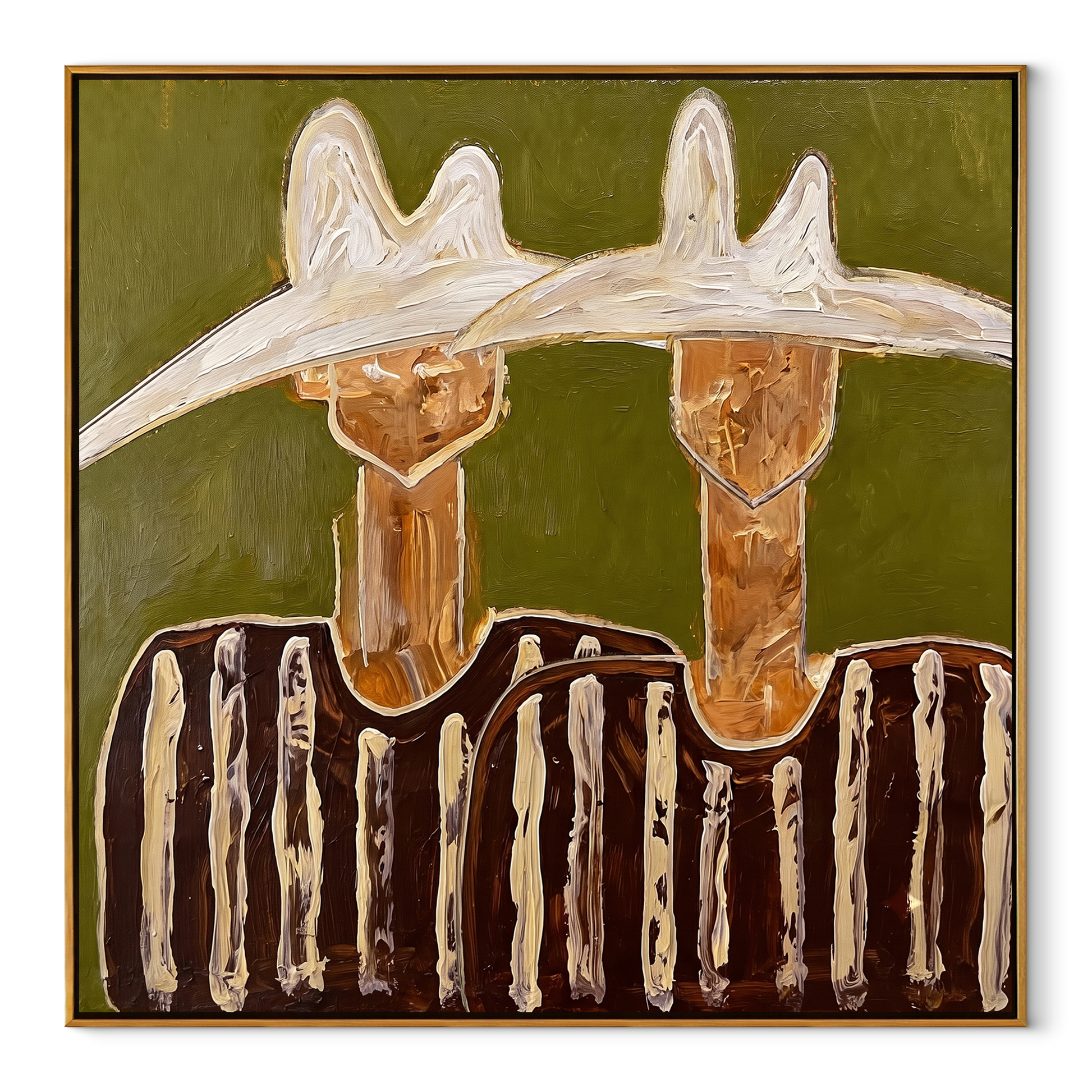 Twin Peaks Crown Stripes - sculptural hat figure pair painting by Elliot Vale, modern figurative square wall art - wood frame on white background
