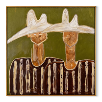Twin Peaks Crown Stripes - sculptural hat figure pair painting by Elliot Vale, modern figurative square wall art - wood frame on white background