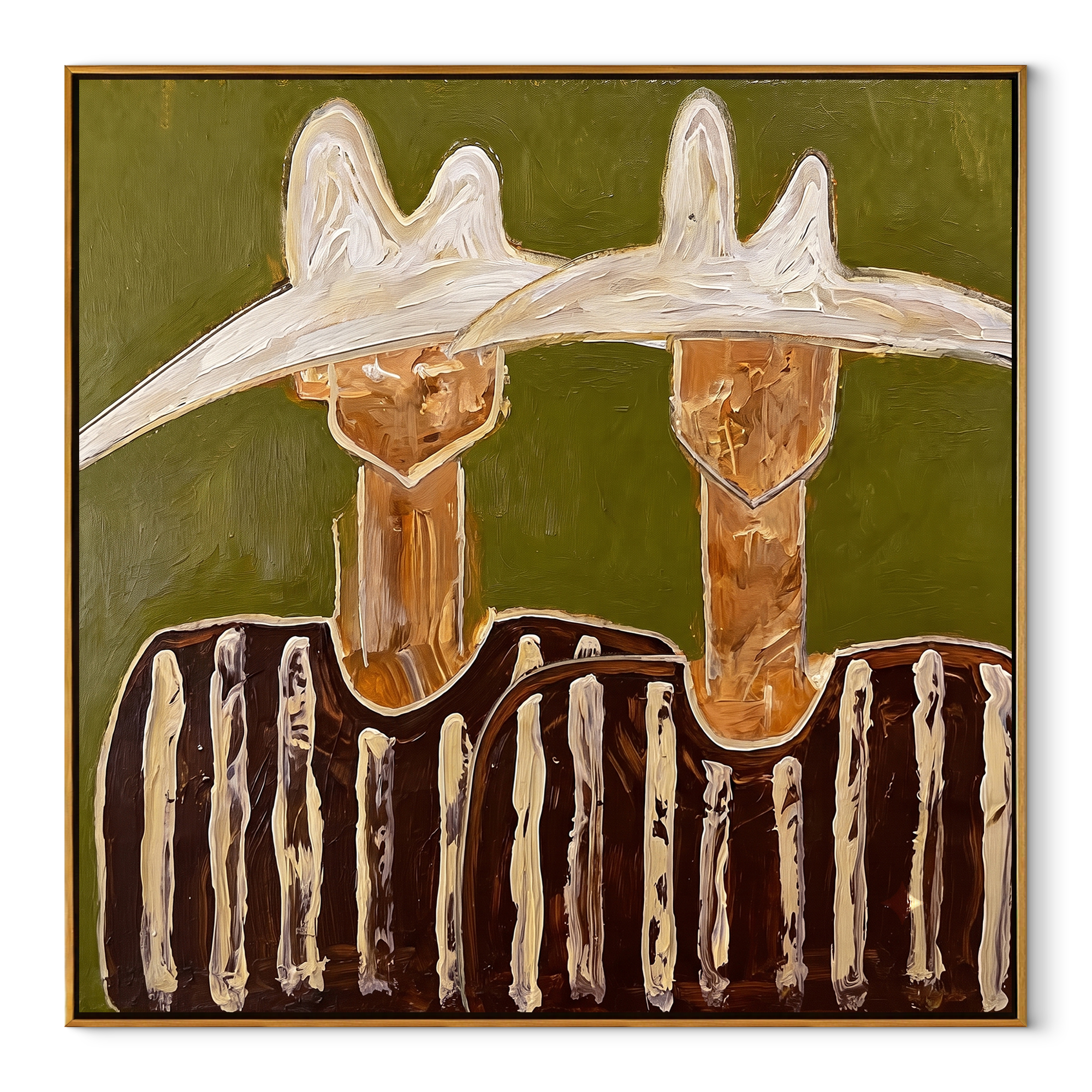 Twin Peaks Crown Stripes - sculptural hat figure pair painting by Elliot Vale, modern figurative square wall art - wood frame on white background