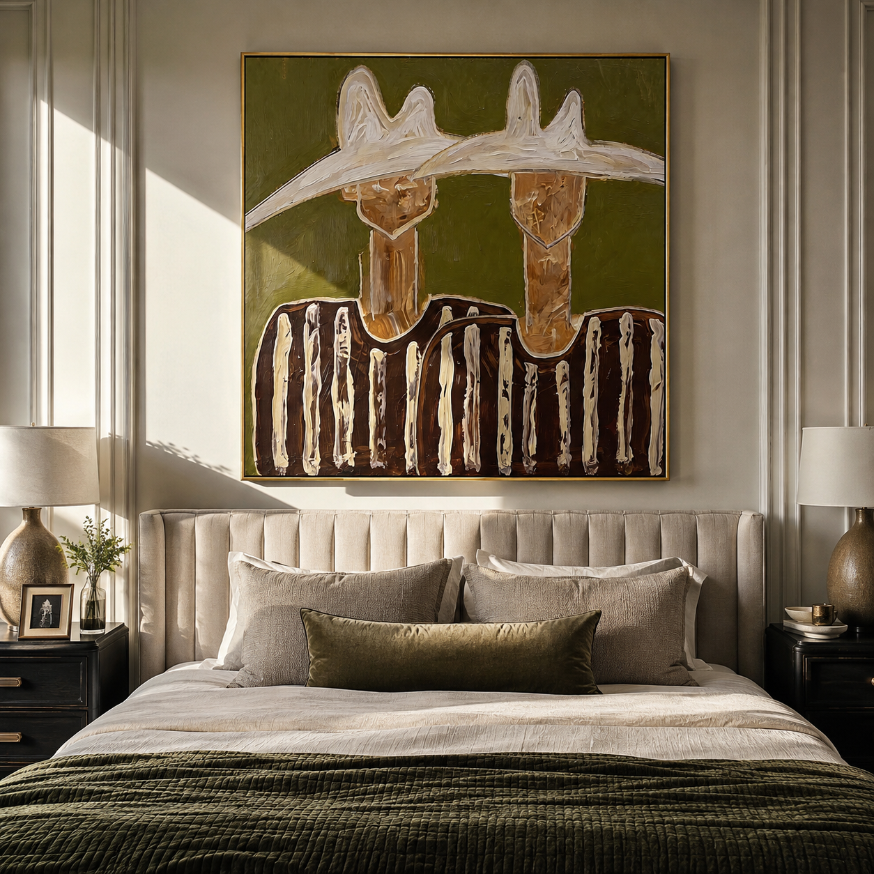 Twin Peaks Crown Stripes - sculptural hat figure pair painting by Elliot Vale, modern figurative square wall art - styled room scene view 2