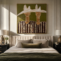 Twin Peaks Crown Stripes - sculptural hat figure pair painting by Elliot Vale, modern figurative square wall art - styled room scene view 2