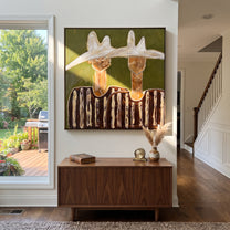 Twin Peaks Crown Stripes - sculptural hat figure pair painting by Elliot Vale, modern figurative square wall art - styled room scene view 3