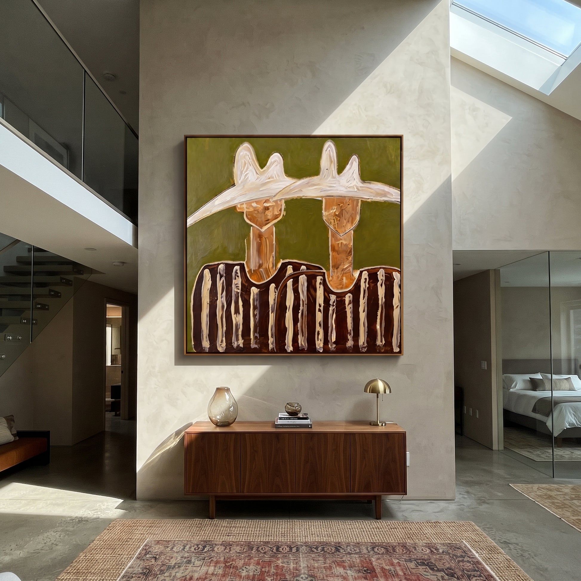 Twin Peaks Crown Stripes - sculptural hat figure pair painting by Elliot Vale, modern figurative square wall art - styled room scene view 4