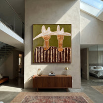 Twin Peaks Crown Stripes - sculptural hat figure pair painting by Elliot Vale, modern figurative square wall art - styled room scene view 4