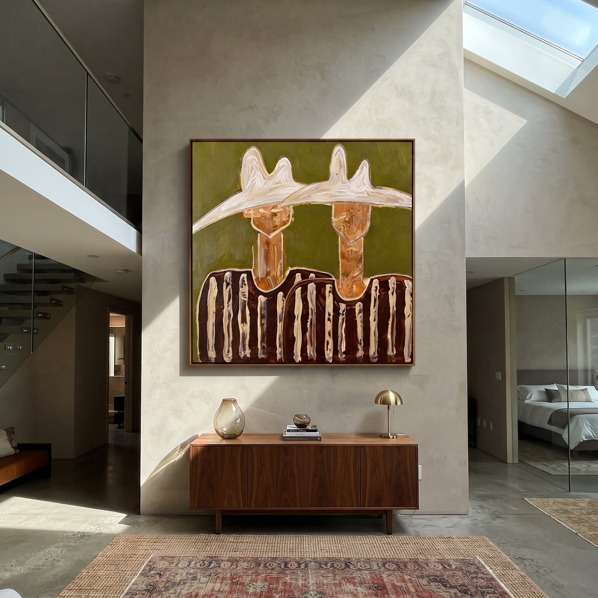 Twin Peaks Crown Stripes - sculptural hat figure pair painting by Elliot Vale, modern figurative square wall art - styled room scene view 4