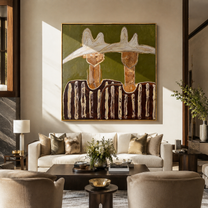 Twin Peaks Crown Stripes - sculptural hat figure pair painting by Elliot Vale, modern figurative square wall art - styled room scene view 5