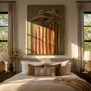 Tan Hats Lean Together - neutral striped figure pair painting by Elliot Vale, modern figurative vertical wall art - styled room scene view 1