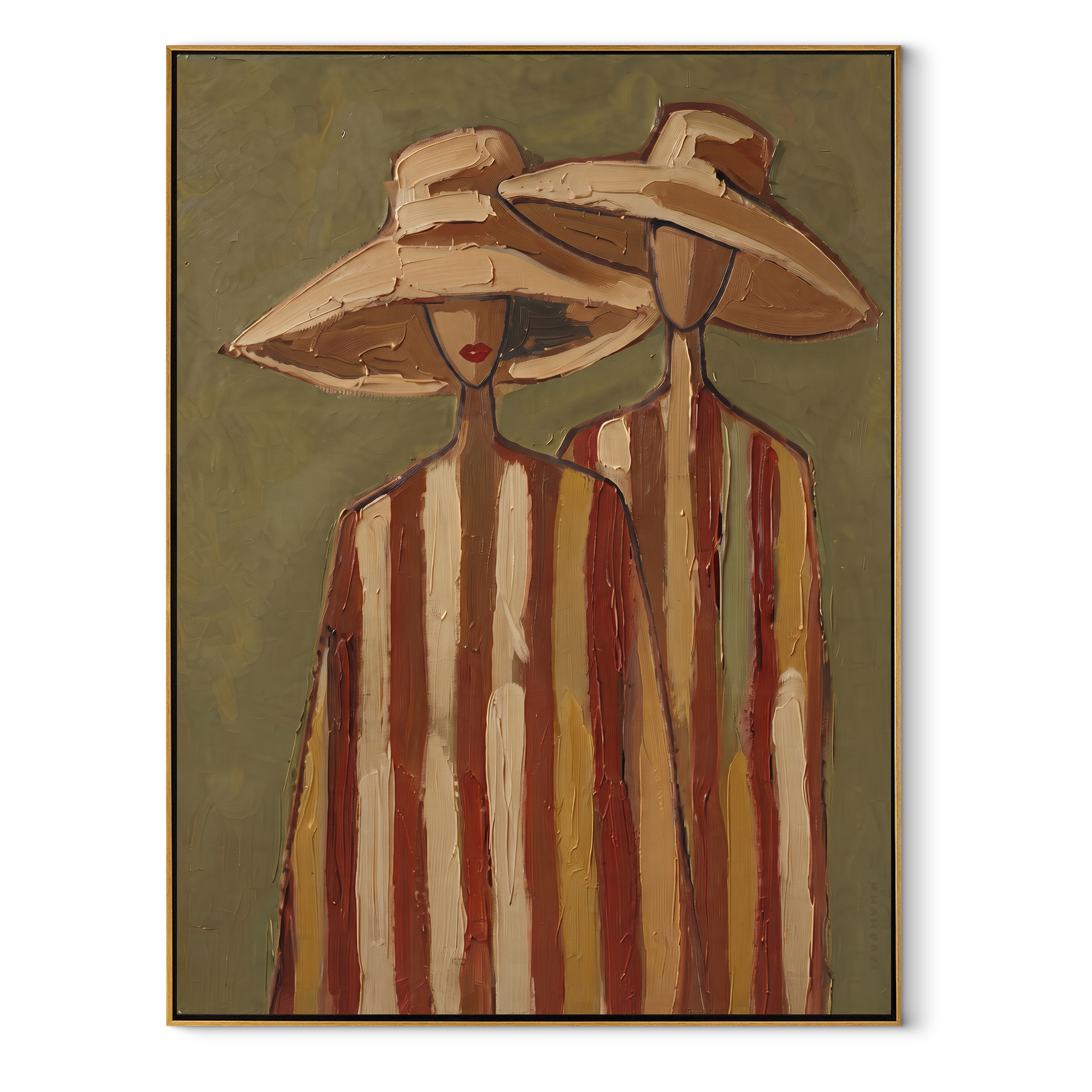 Tan Hats Lean Together - neutral striped figure pair painting by Elliot Vale, modern figurative vertical wall art - wood frame on white background