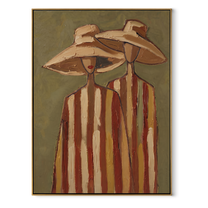 Tan Hats Lean Together - neutral striped figure pair painting by Elliot Vale, modern figurative vertical wall art - wood frame on white background