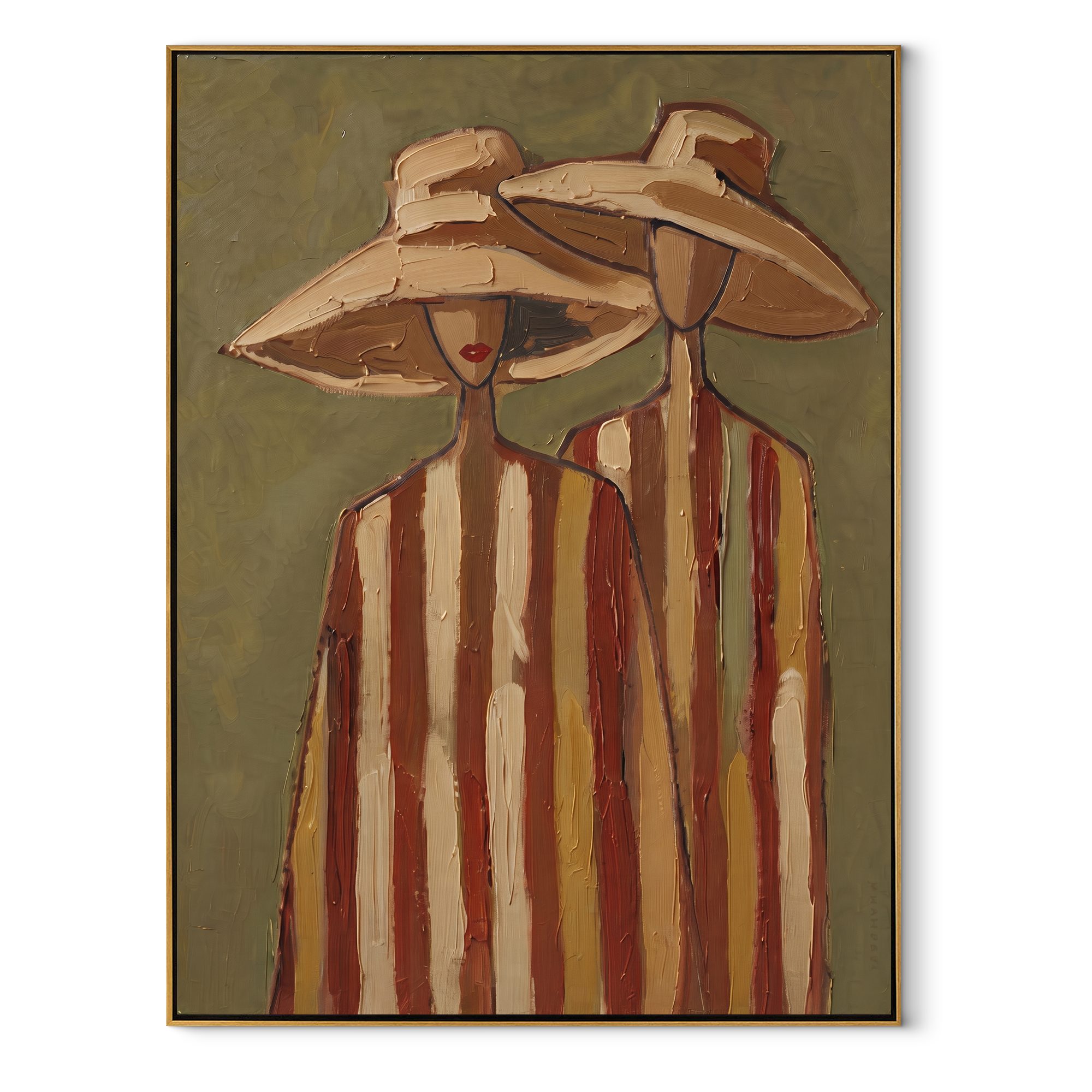 Tan Hats Lean Together - neutral striped figure pair painting by Elliot Vale, modern figurative vertical wall art - wood frame on white background