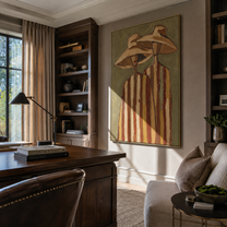 Tan Hats Lean Together - neutral striped figure pair painting by Elliot Vale, modern figurative vertical wall art - styled room scene view 2