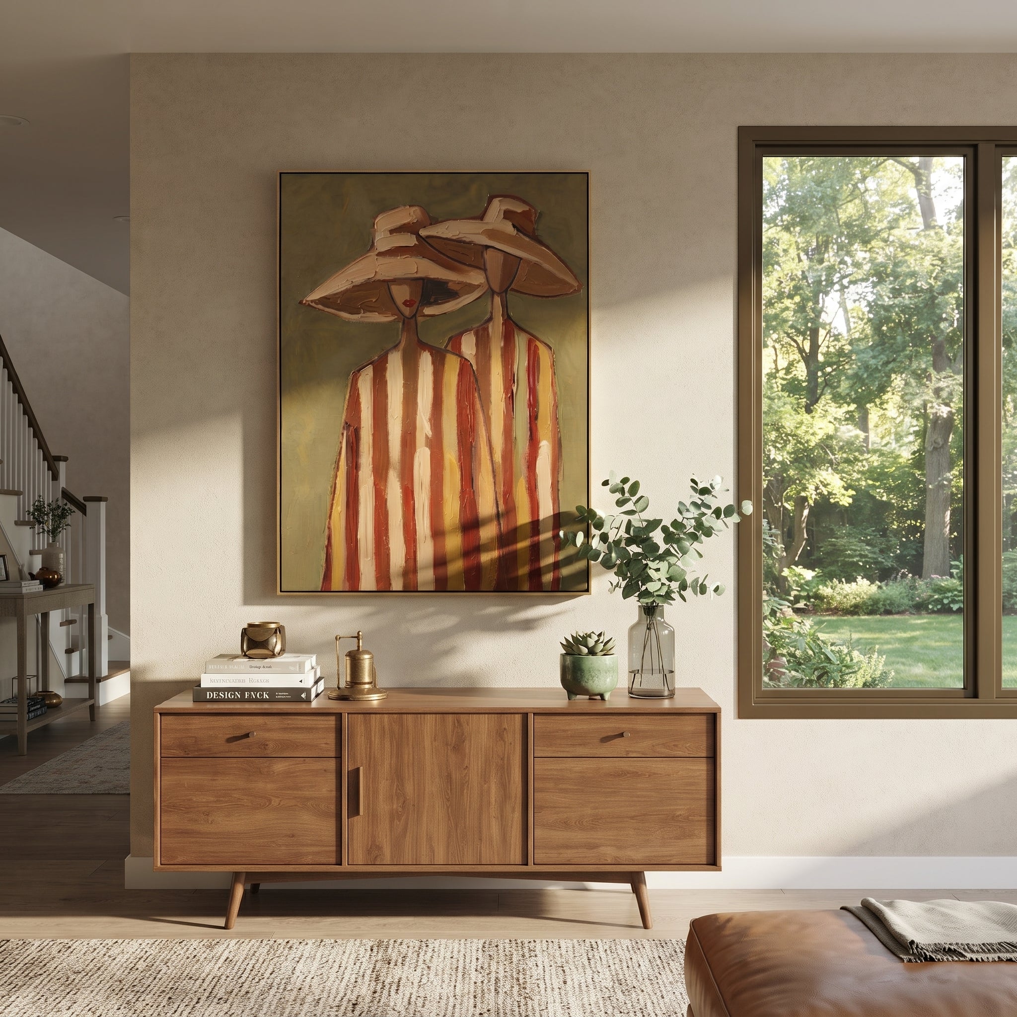 Tan Hats Lean Together - neutral striped figure pair painting by Elliot Vale, modern figurative vertical wall art - styled room scene view 3