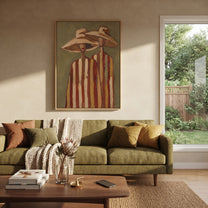 Tan Hats Lean Together - neutral striped figure pair painting by Elliot Vale, modern figurative vertical wall art - styled room scene view 4