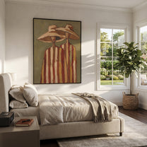 Tan Hats Lean Together - neutral striped figure pair painting by Elliot Vale, modern figurative vertical wall art - styled room scene view 5