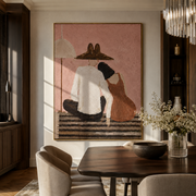 Two Backs Share Shelter - seated back view pair painting by Elliot Vale, modern figurative vertical wall art - styled room scene view 1