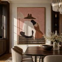 Two Backs Share Shelter - seated back view pair painting by Elliot Vale, modern figurative vertical wall art - styled room scene view 1