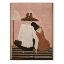 Two Backs Share Shelter - seated back view pair painting by Elliot Vale, modern figurative vertical wall art - wood frame on white background