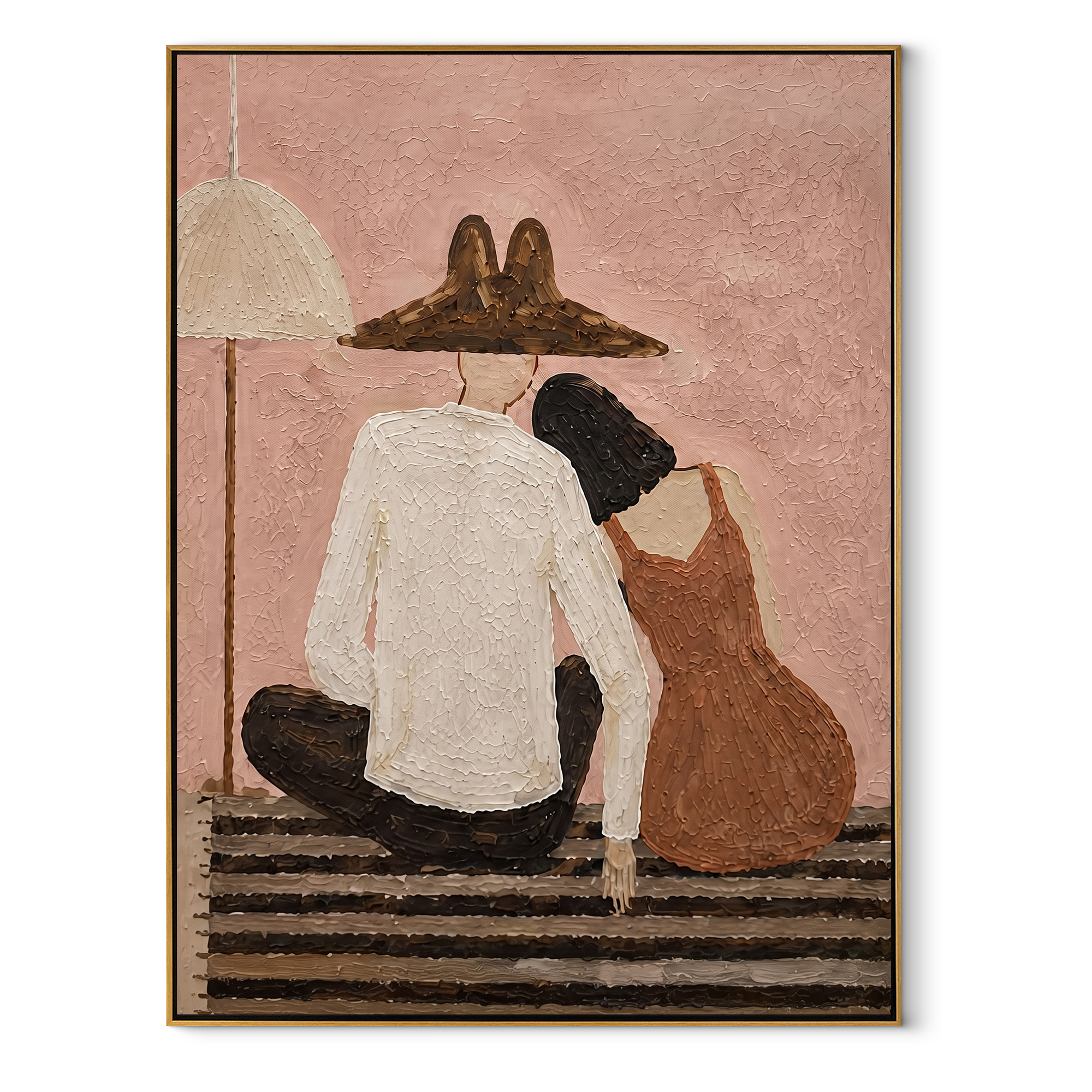 Two Backs Share Shelter - seated back view pair painting by Elliot Vale, modern figurative vertical wall art - wood frame on white background