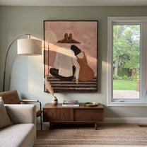 Two Backs Share Shelter - seated back view pair painting by Elliot Vale, modern figurative vertical wall art - styled room scene view 2