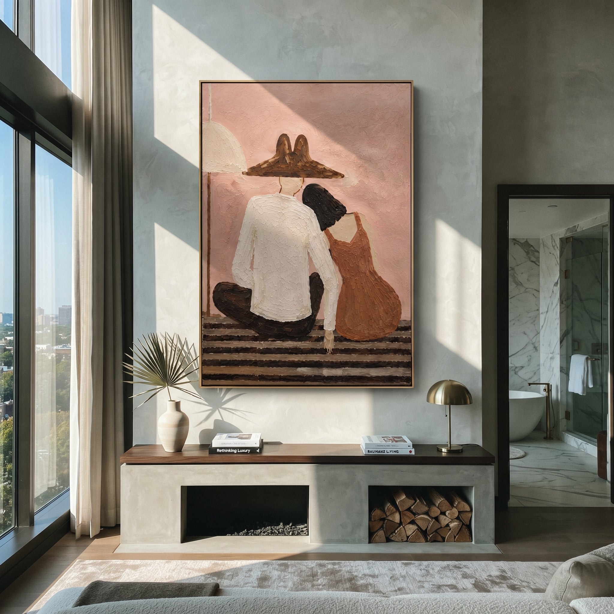 Two Backs Share Shelter - seated back view pair painting by Elliot Vale, modern figurative vertical wall art - styled room scene view 3