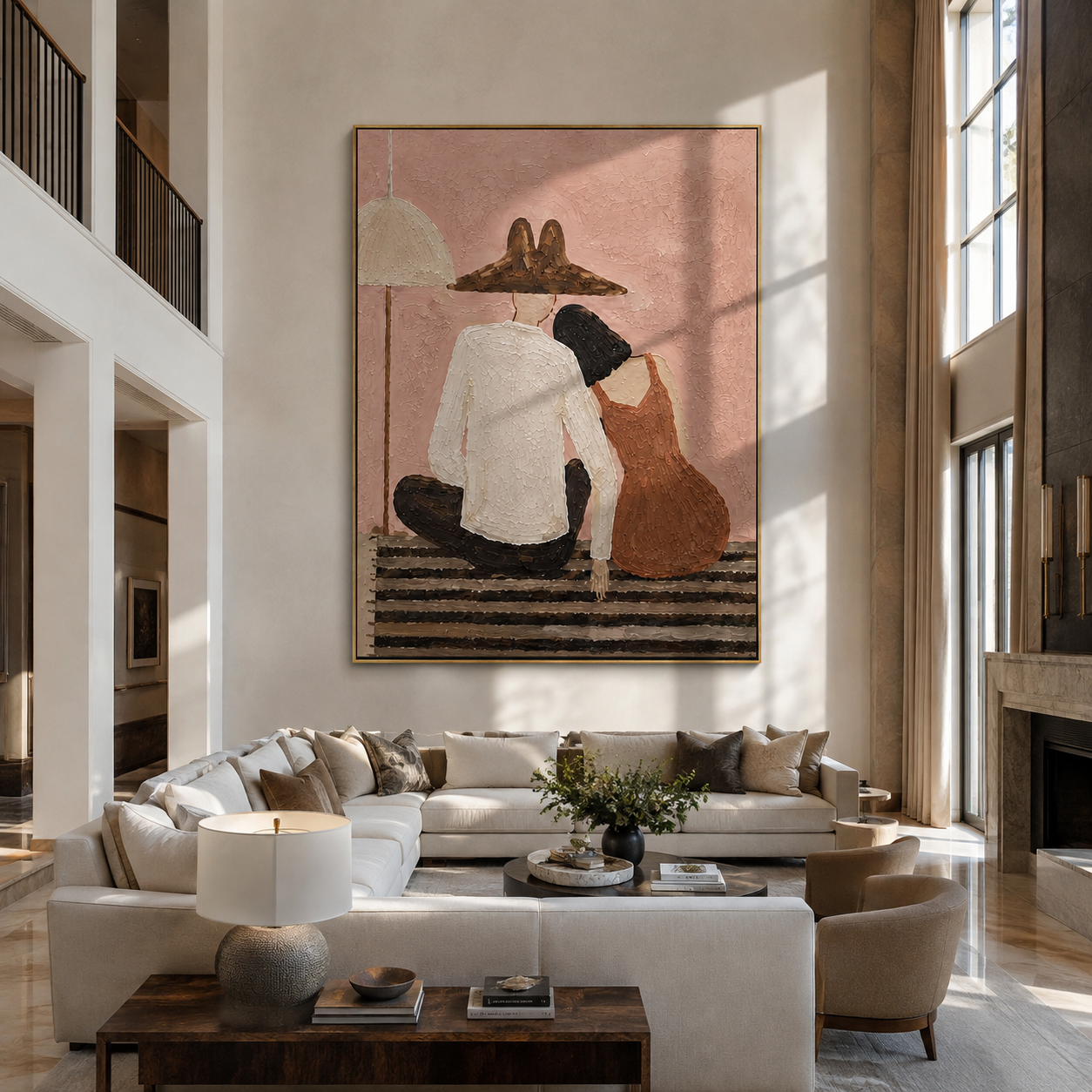 Two Backs Share Shelter - seated back view pair painting by Elliot Vale, modern figurative vertical wall art - styled room scene view 4