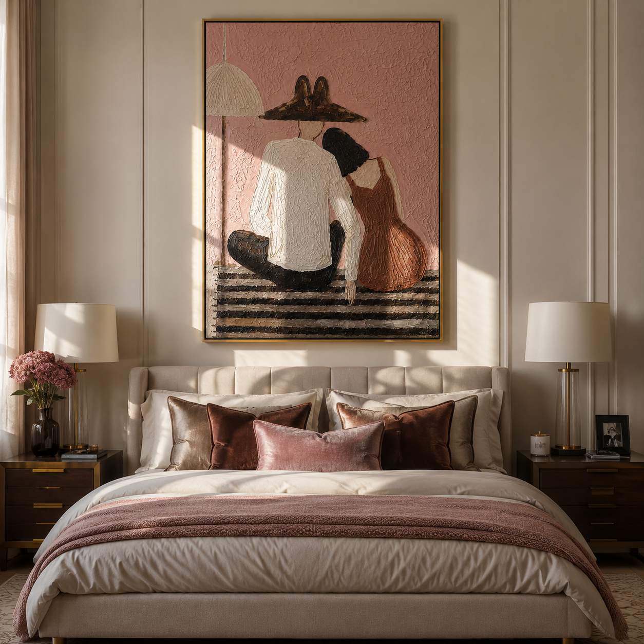 Two Backs Share Shelter - seated back view pair painting by Elliot Vale, modern figurative vertical wall art - styled room scene view 5
