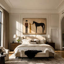 Gentle Hand Meets Horse - horse handler couple painting by Elliot Vale, modern figurative horizontal wall art - styled room scene view 1