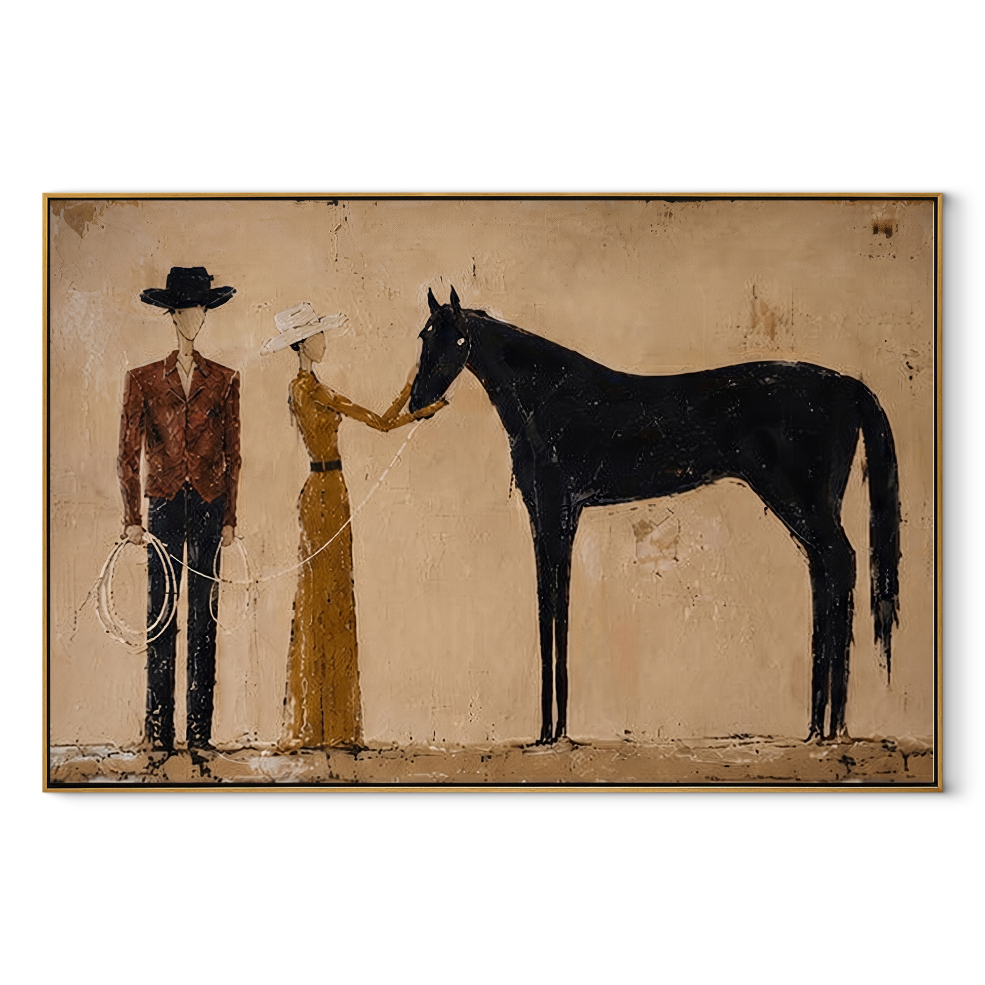Gentle Hand Meets Horse - horse handler couple painting by Elliot Vale, modern figurative horizontal wall art - wood frame on white background