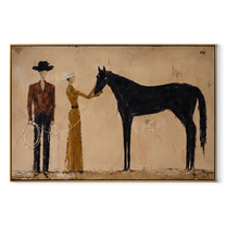 Gentle Hand Meets Horse - horse handler couple painting by Elliot Vale, modern figurative horizontal wall art - wood frame on white background