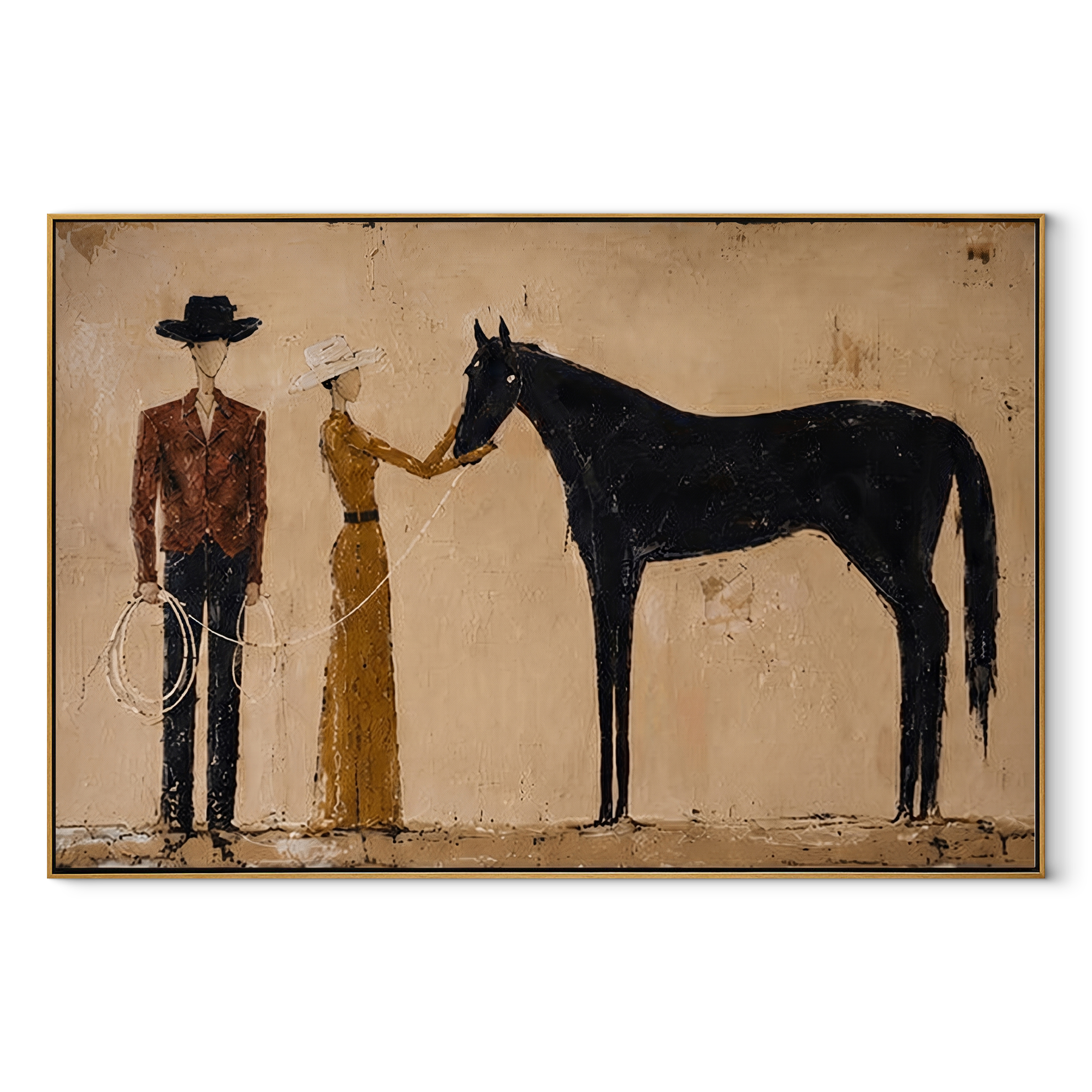 Gentle Hand Meets Horse - horse handler couple painting by Elliot Vale, modern figurative horizontal wall art - wood frame on white background