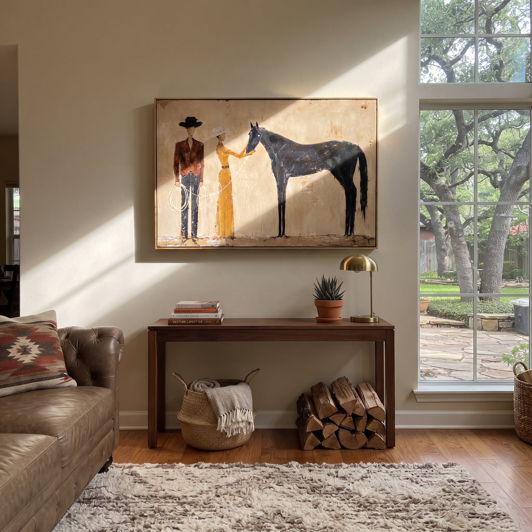 Gentle Hand Meets Horse - horse handler couple painting by Elliot Vale, modern figurative horizontal wall art - styled room scene view 2