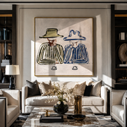 Blue Brim Shares Coffee - striped coffee pair painting by Elliot Vale, modern figurative square wall art - styled room scene view 1