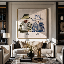 Blue Brim Shares Coffee - striped coffee pair painting by Elliot Vale, modern figurative square wall art - styled room scene view 1