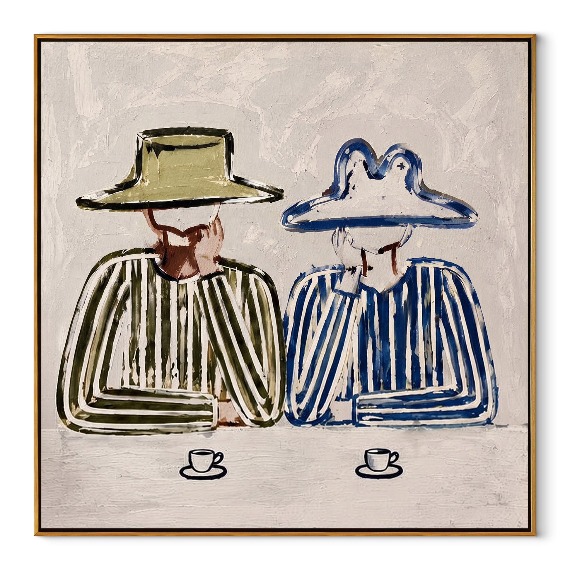 Blue Brim Shares Coffee - striped coffee pair painting by Elliot Vale, modern figurative square wall art - wood frame on white background