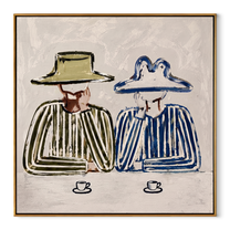 Blue Brim Shares Coffee - striped coffee pair painting by Elliot Vale, modern figurative square wall art - wood frame on white background