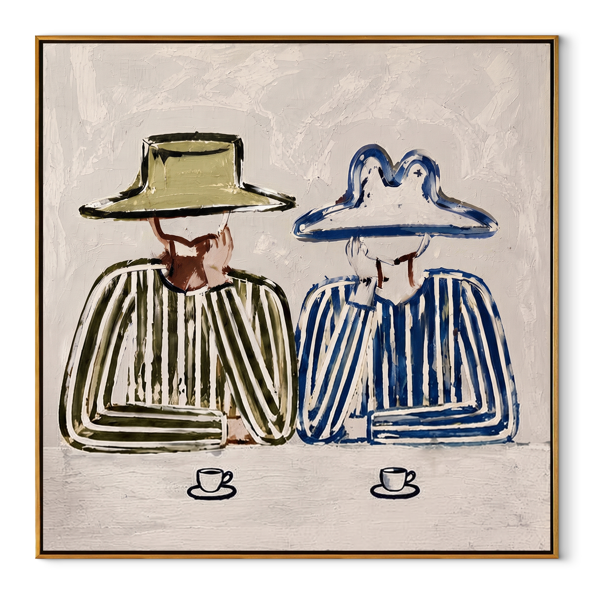 Blue Brim Shares Coffee - striped coffee pair painting by Elliot Vale, modern figurative square wall art - wood frame on white background
