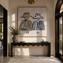 Blue Brim Shares Coffee - striped coffee pair painting by Elliot Vale, modern figurative square wall art - styled room scene view 2