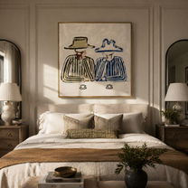 Blue Brim Shares Coffee - striped coffee pair painting by Elliot Vale, modern figurative square wall art - styled room scene view 3