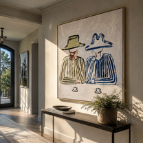 Blue Brim Shares Coffee - striped coffee pair painting by Elliot Vale, modern figurative square wall art - styled room scene view 4